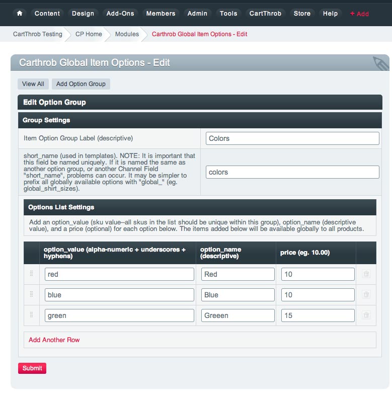 Editing an option group settings page